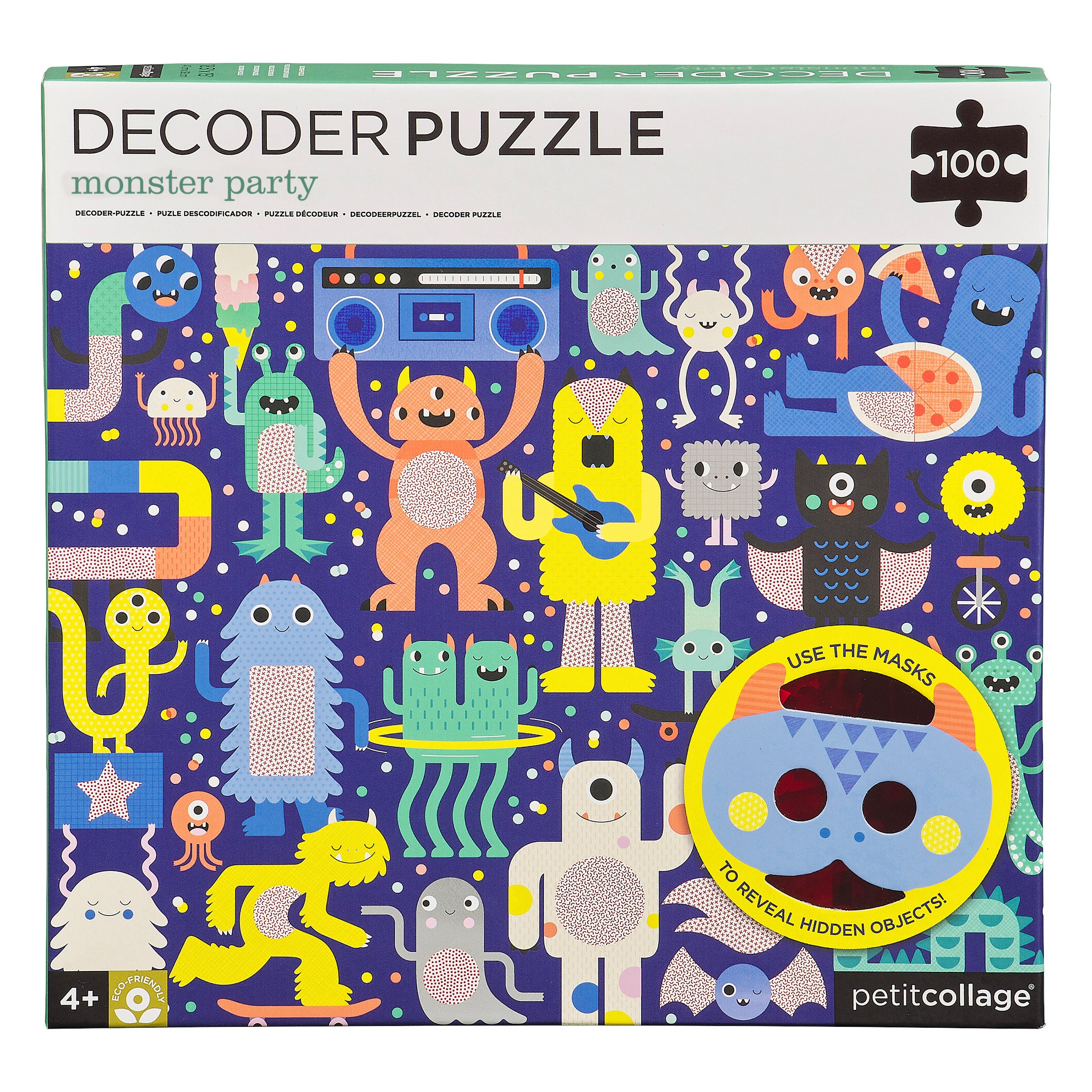 The Petit Collage Monster Party 100-Piece Decoder Puzzle comes in a box showcasing colorful cartoon monsters on a blue background and includes a decoder mask to reveal hidden objects.