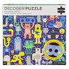 The Petit Collage Monster Party 100-Piece Decoder Puzzle comes in a box showcasing colorful cartoon monsters on a blue background and includes a decoder mask to reveal hidden objects.