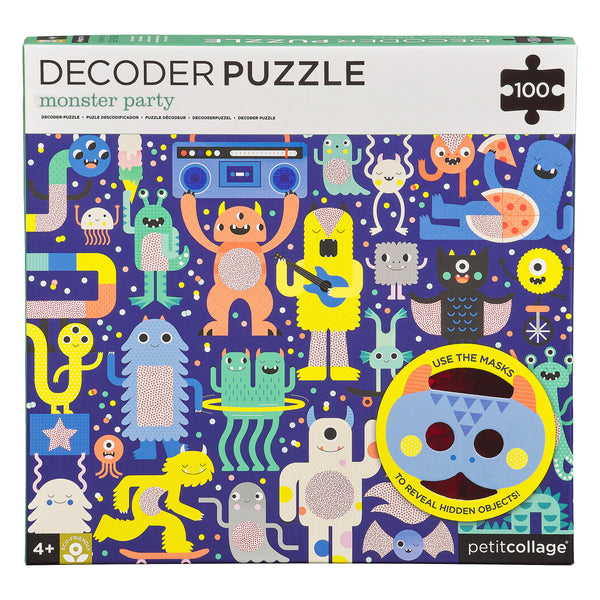 The Petit Collage Monster Party 100-Piece Decoder Puzzle comes in a box showcasing colorful cartoon monsters on a blue background and includes a decoder mask to reveal hidden objects.