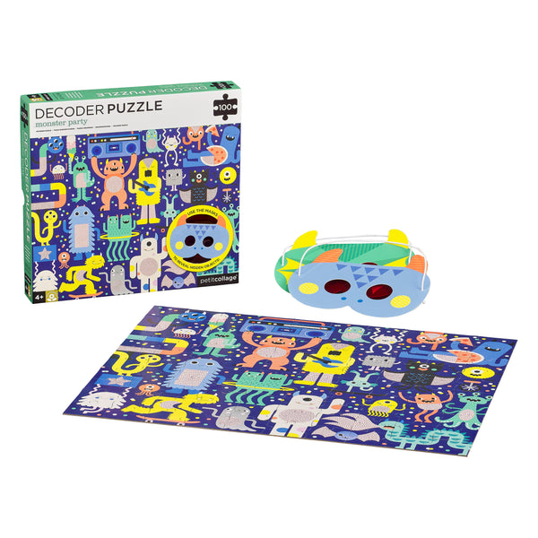 The Petit Collage Monster Party 100-Piece Decoder Puzzle features vibrant cartoon monsters, a decoder mask, and fun illustrations for a playful party-themed puzzle experience.
