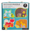 Petit Collage Forest Babies Beginner Puzzle includes four animal puzzles (owl, bear, fox, deer) for ages 2+, perfect for young puzzlers.