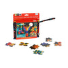 The Petit Collage Two Sided Superheroes On-the-Go Puzzle for ages 5+ is shown partly assembled with loose pieces, in front of its colorful, portable packaging featuring a handle.