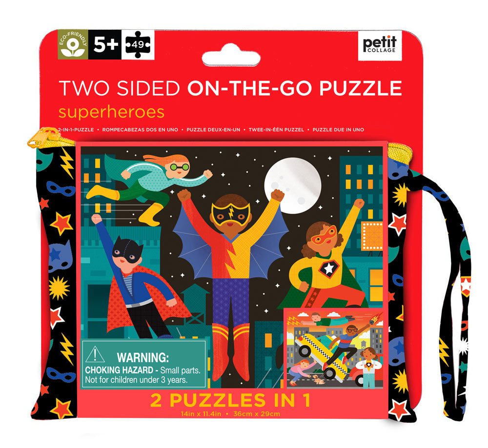 Colorful illustrated packaging for Petit Collage’s Two Sided Superheroes On-the-Go Puzzle for ages 5+, featuring superheroes on both sides and a warning about small parts posing a choking hazard to children under 3.