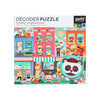 The Petit Collage Friendly Neighborhood 100-Piece Decoder Puzzle features animal characters, buildings, and a panda decoder mask for uncovering hidden objects. Suitable for ages 4 and up.