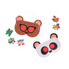The Petit Collage Friendly Neighborhood 100-Piece Decoder Puzzle is shown on a white background with two animal face masks—a brown bear with glasses and a panda—plus several colorful puzzle pieces.