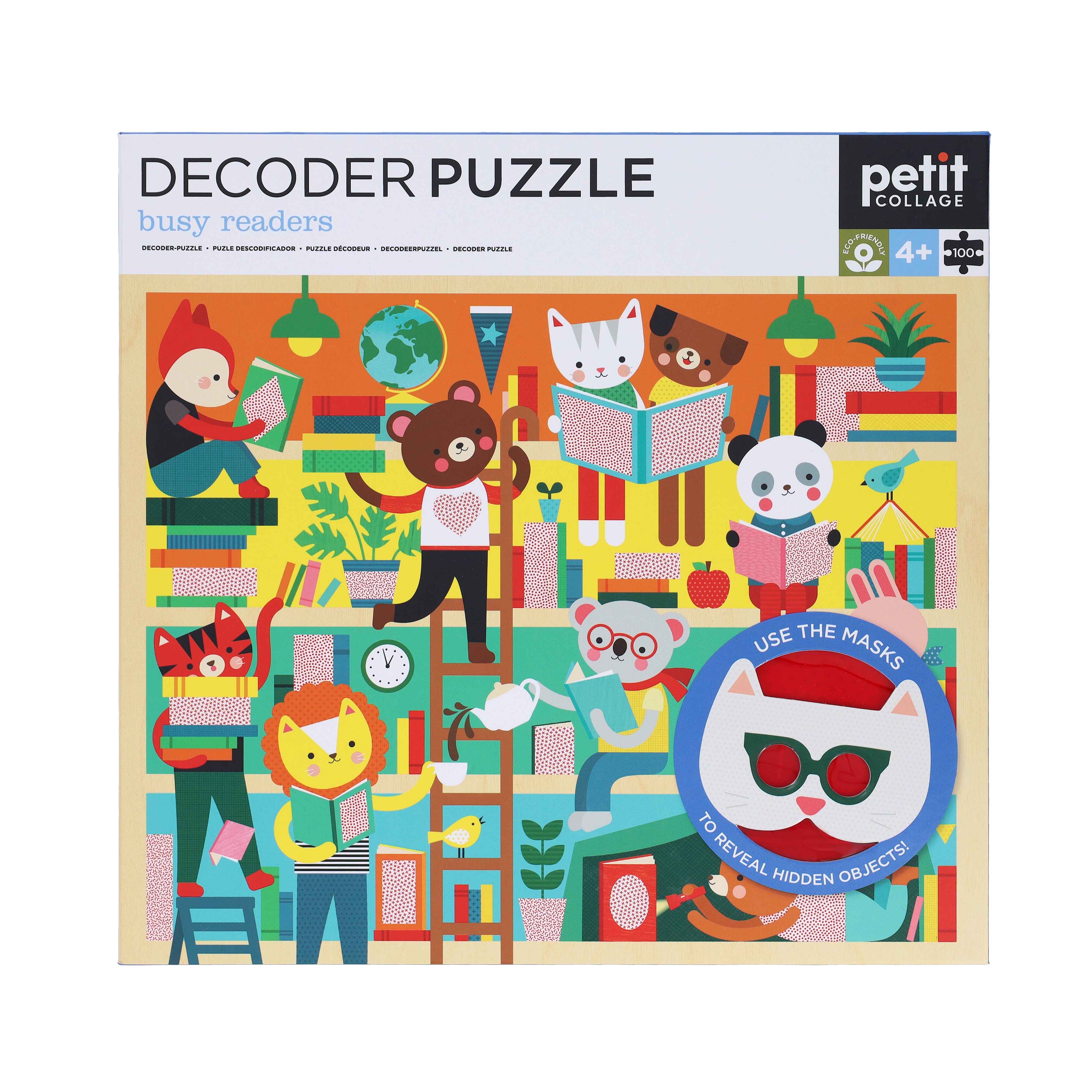 The Petit Collage Busy Readers 100-Piece Decoder Puzzle features illustrated animals reading in a library and includes a decoder mask to find hidden objects. For ages 4+.
