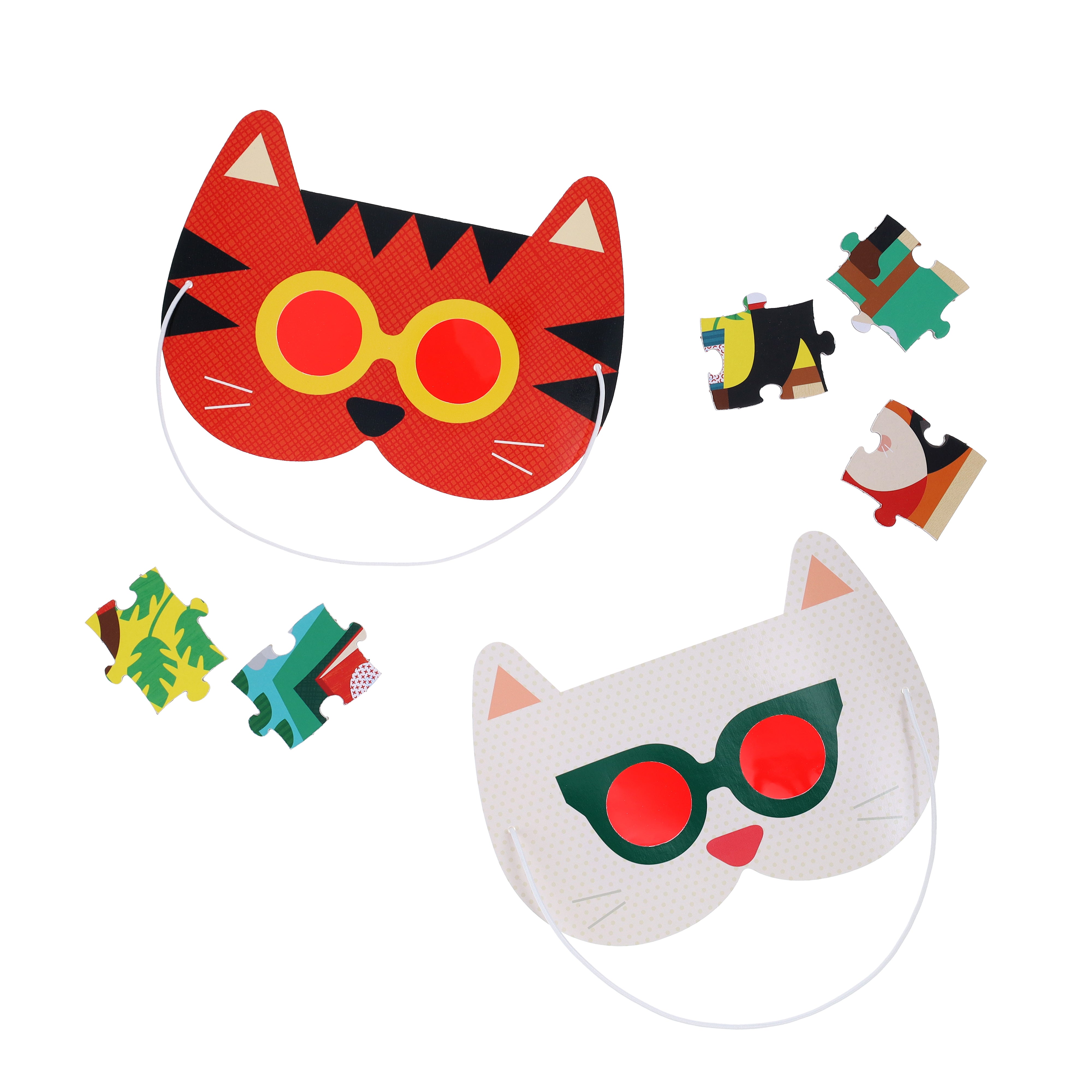 The Busy Readers 100-Piece Decoder Puzzle by Petit Collage is shown on a white background with two cat-shaped masks with red lenses and four colorful puzzle pieces.