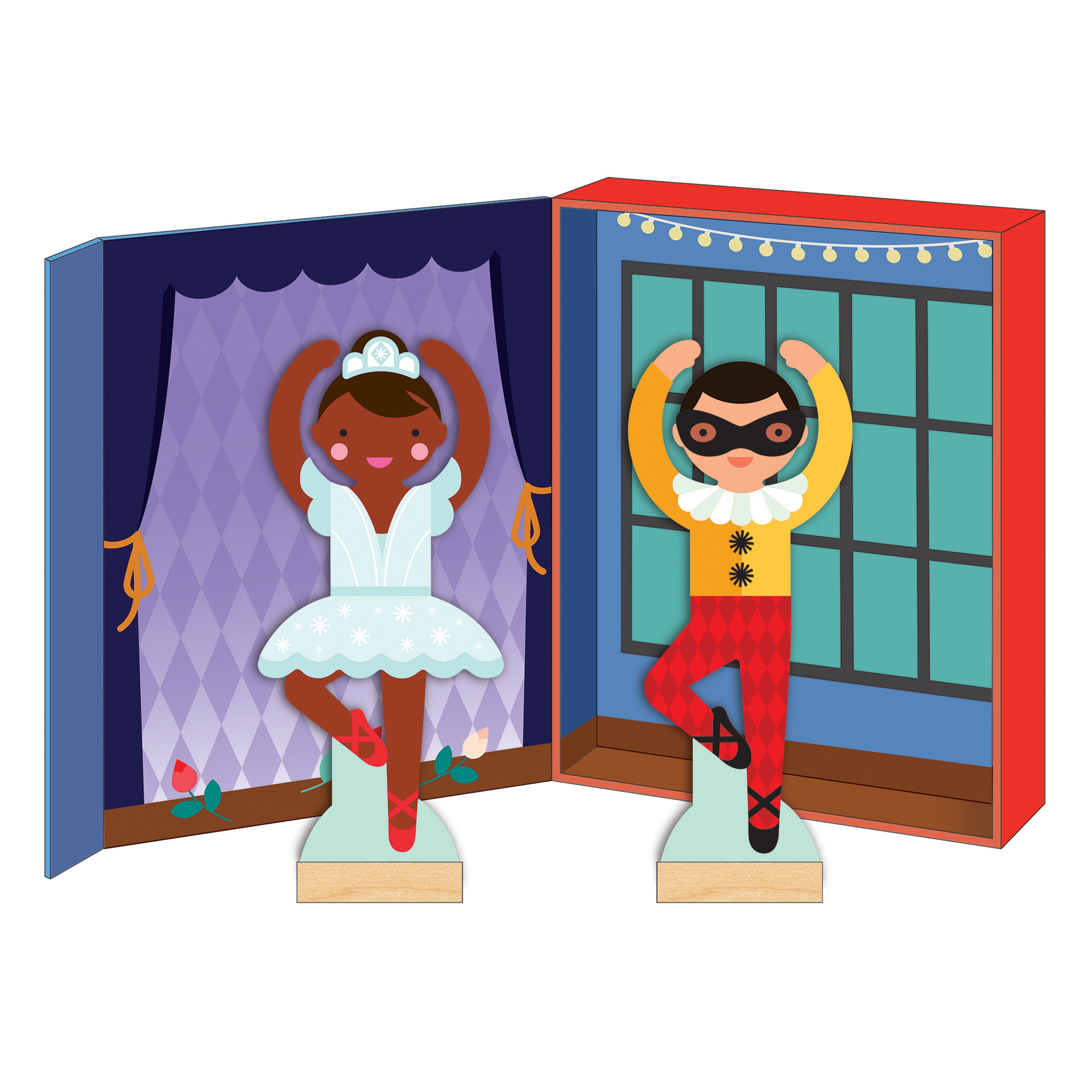 The Petit Collage Ballet Dancers Magnetic Dress Up set features two illustrated wooden figures in open boxes—one in a white tutu, the other in a yellow and red masked costume. Both pose gracefully with arms raised.