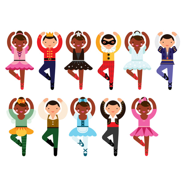 Twelve children dressed in colorful ballet costumes stand in ballet poses with arms raised, as featured in the Ballet Dancers Magnetic Dress Up set by Petit Collage.