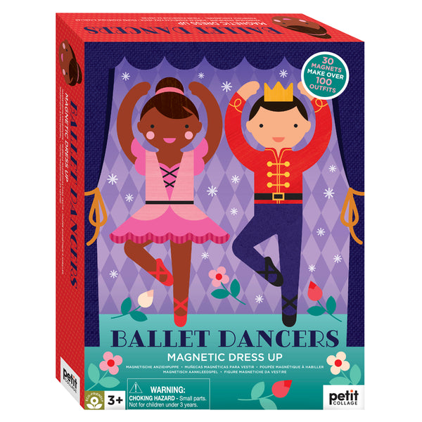 Ballet Dancers Magnetic Dress Up by Petit Collage features two illustrated dancers and includes 30 magnets for creating over 100 outfit combinations.