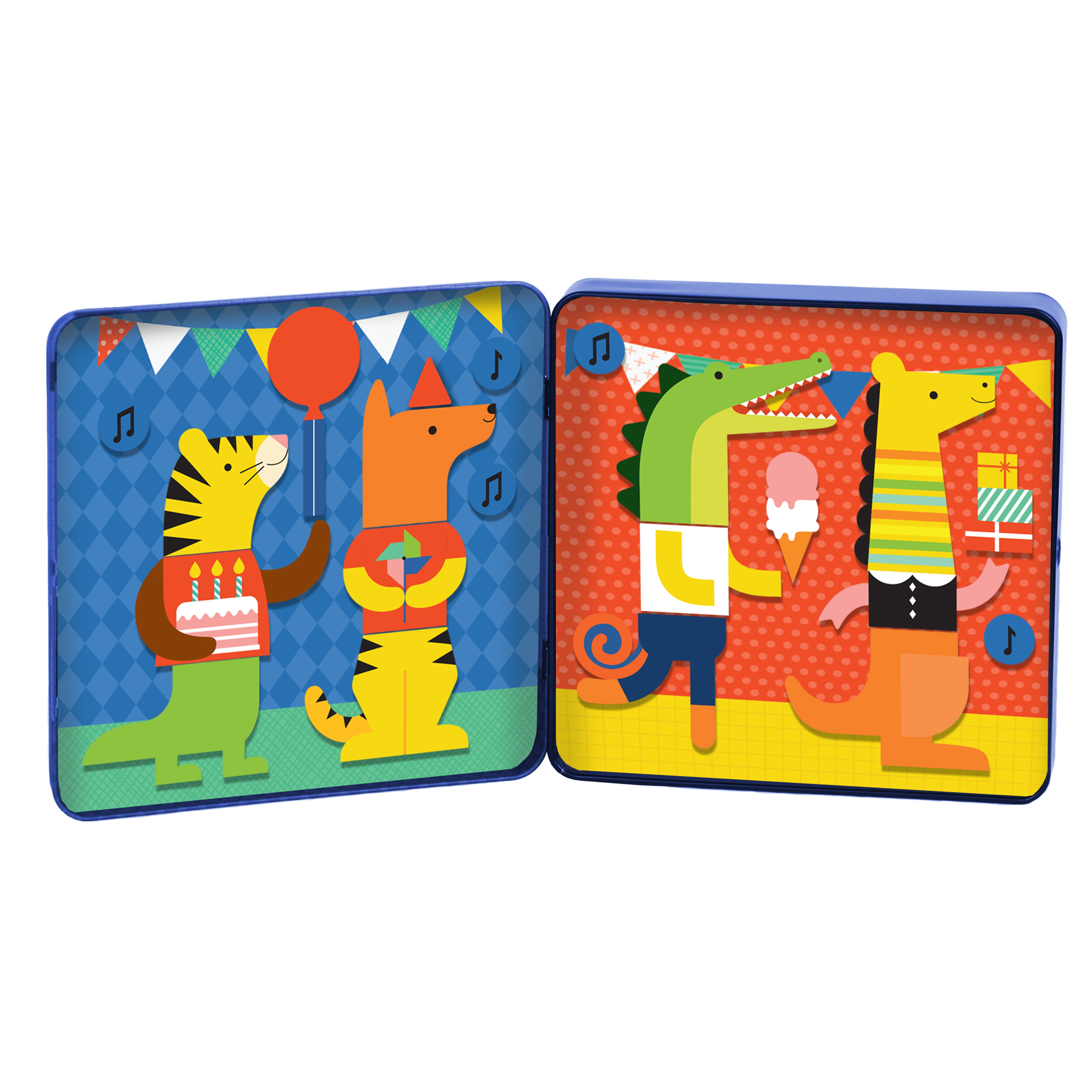 The Petit Collage Party Animals On-the-Go Magnetic Play Set features four cartoon animals celebrating with a birthday cake, balloon, ice cream, and cupcake, plus festive bunting and musical notes in the background.