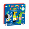 The Petit Collage Party Animals On-the-Go Magnetic Play Set features illustrated party animals in a tin, designed for ages 3+, and includes a warning about small parts.