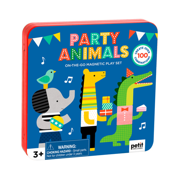 The Petit Collage Party Animals On-the-Go Magnetic Play Set features illustrated party animals in a tin, designed for ages 3+, and includes a warning about small parts.