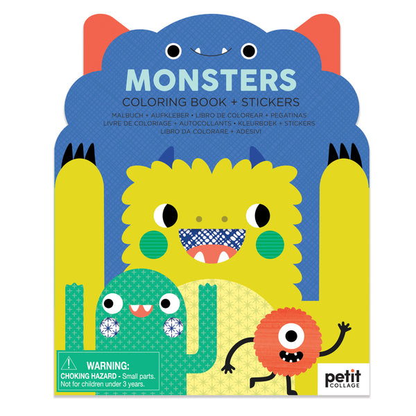 The Petit Collage Coloring Book with Stickers: Monsters features four cartoon monsters on the cover and includes a small parts warning for children under 3 years.