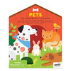 The illustrated cover of the Petit Collage Coloring Book with Stickers: Pets shows a dog, cat, rabbit, turtle, and bird in a garden. Includes a warning: choking hazard for small parts.