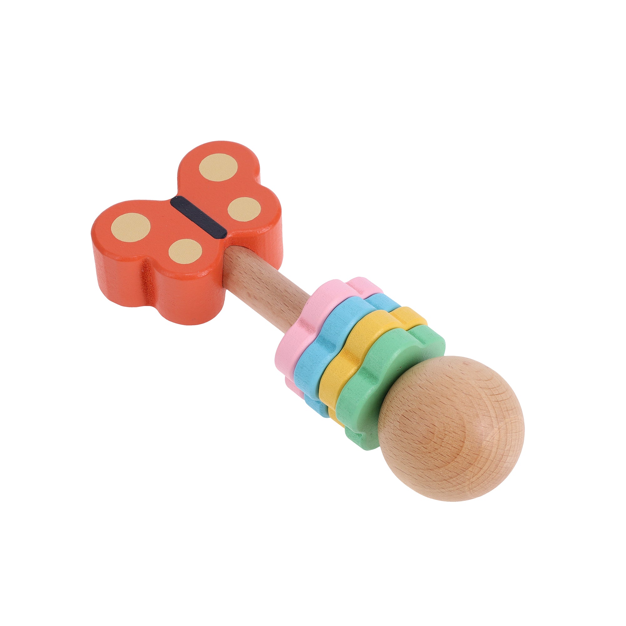 The Butterfly Wooden Shaker from Petit Collage features a red butterfly shape on one end and colorful rings along its wooden handle.