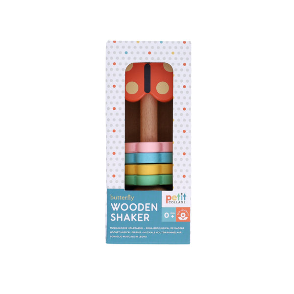 Butterfly Wooden Shaker by Petit Collage: a boxed, butterfly-shaped wooden shaker toy with multicolored rings, designed for young children.
