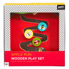 The Petit Collage Wooden Apple Run Play Set features a winding apple-themed track with pieces, perfect for children ages 12 months and up.