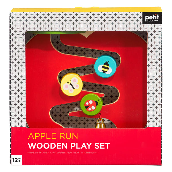 The Petit Collage Wooden Apple Run Play Set features a winding apple-themed track with pieces, perfect for children ages 12 months and up.