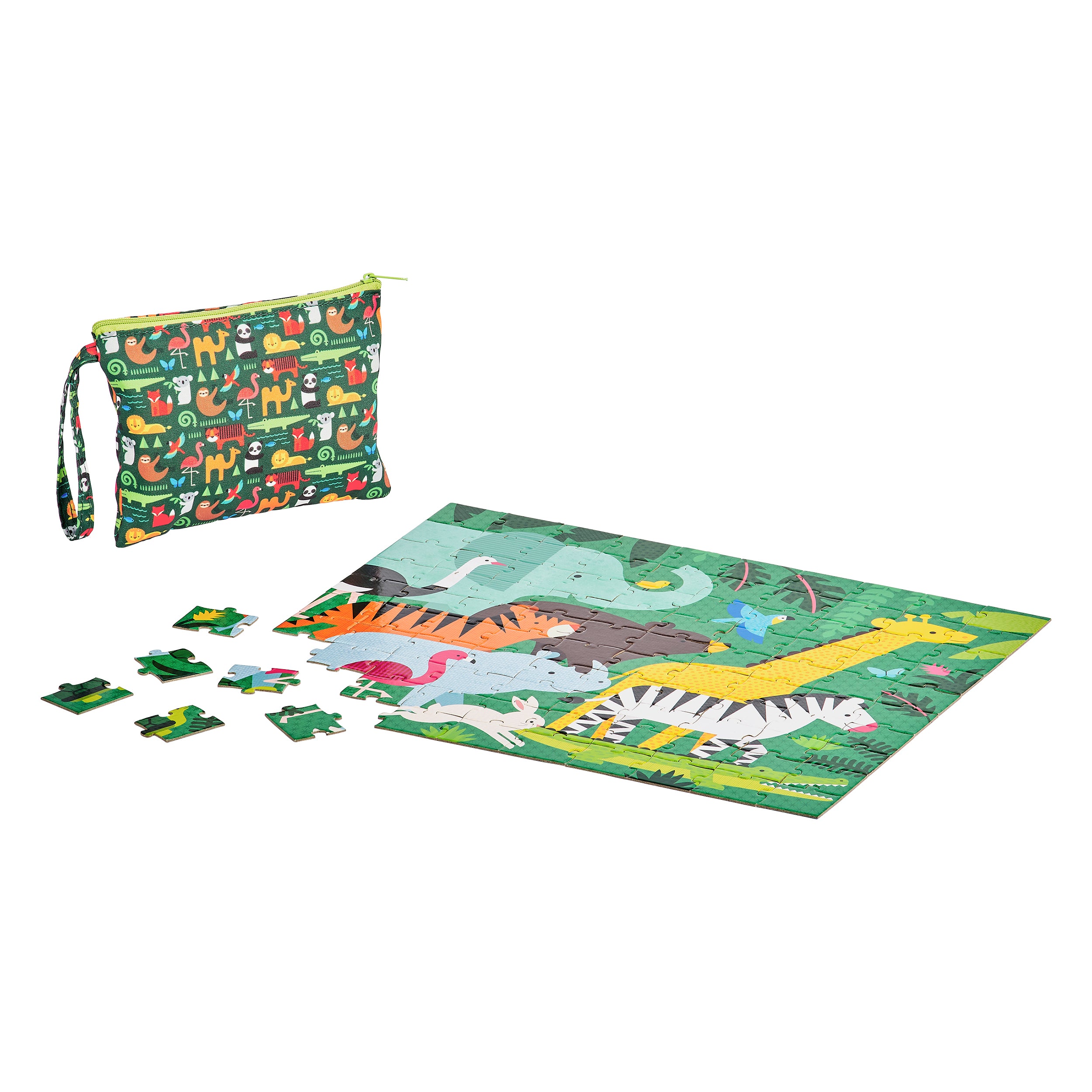 The Two Sided Animal Menagerie On-The-Go Puzzle by Petit Collage is shown completed with loose pieces nearby and its matching zippered pouch in the background.