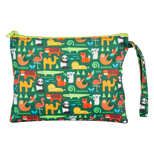 The Two Sided Animal Menagerie On-The-Go Puzzle by Petit Collage features a green zippered pouch with a colorful cartoon animal pattern, including lions, pandas, crocodiles, and monkeys.