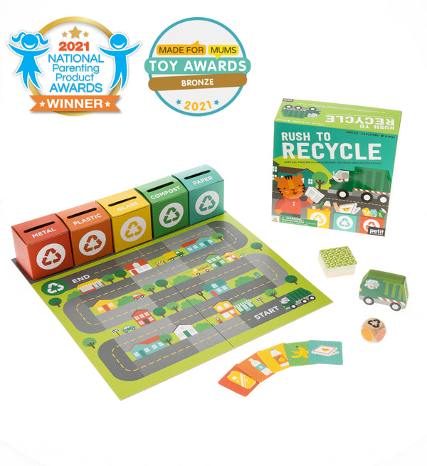 Rush to Recycle by Petit Collage is a board game set with sorting bins, cards, board, dice, truck token, and box. Winner of National Parenting Product and Made for Mums Toy Awards.