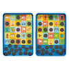 Two blue rectangular boards from Petit Collage’s On-The-Go Bingo Magnetic Travel Game, each featuring colorful squares with various images and symbols, and covered with several round black magnetic markers.