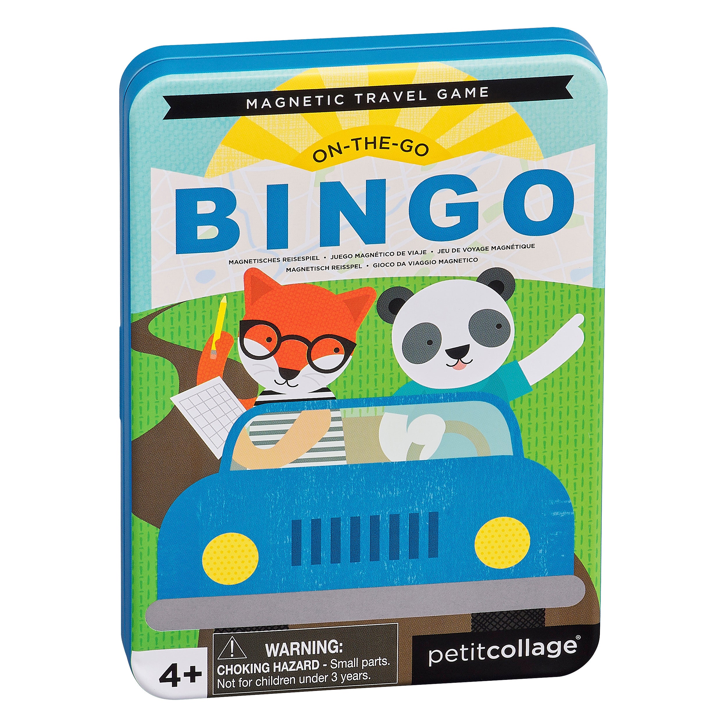 The Petit Collage On-The-Go Bingo Magnetic Travel Game comes in a rectangular tin with cartoon animals in a blue car, perfect for ages 4+ and ideal for travel fun.