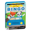 The Petit Collage On-The-Go Bingo Magnetic Travel Game comes in a rectangular tin with cartoon animals in a blue car, perfect for ages 4+ and ideal for travel fun.