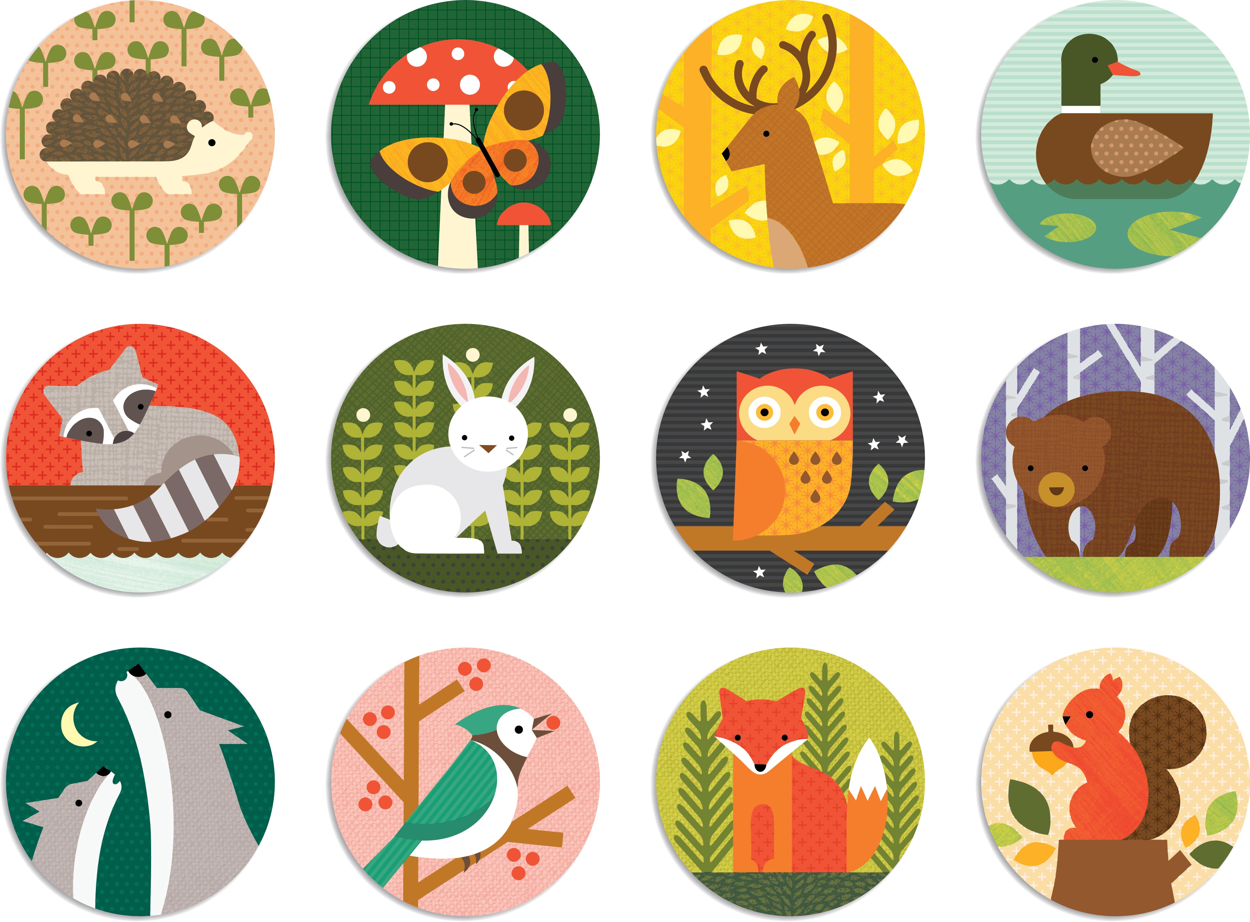 The Forest Animals Matching Game by Petit Collage features twelve circular illustrations of animals like a hedgehog, fox, owl, and more in whimsical forest scenes.
