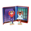 Two wooden figures from the Petit Collage Ballet Dancers Magnetic Dress Up set stand upright before an open book backdrop showing a stage and window.