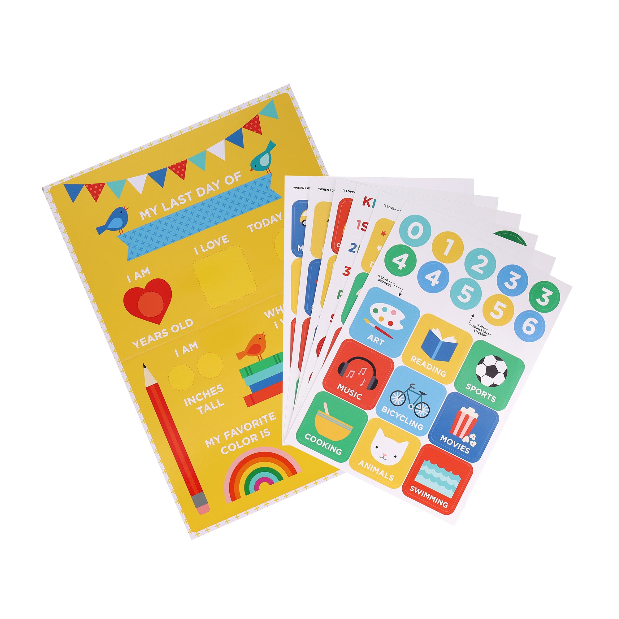 The Petit Collage First & Last Day of School Sticker Sign is a colorful set with activity icons, number stickers, and spaces to fill in personal information for school milestones.
