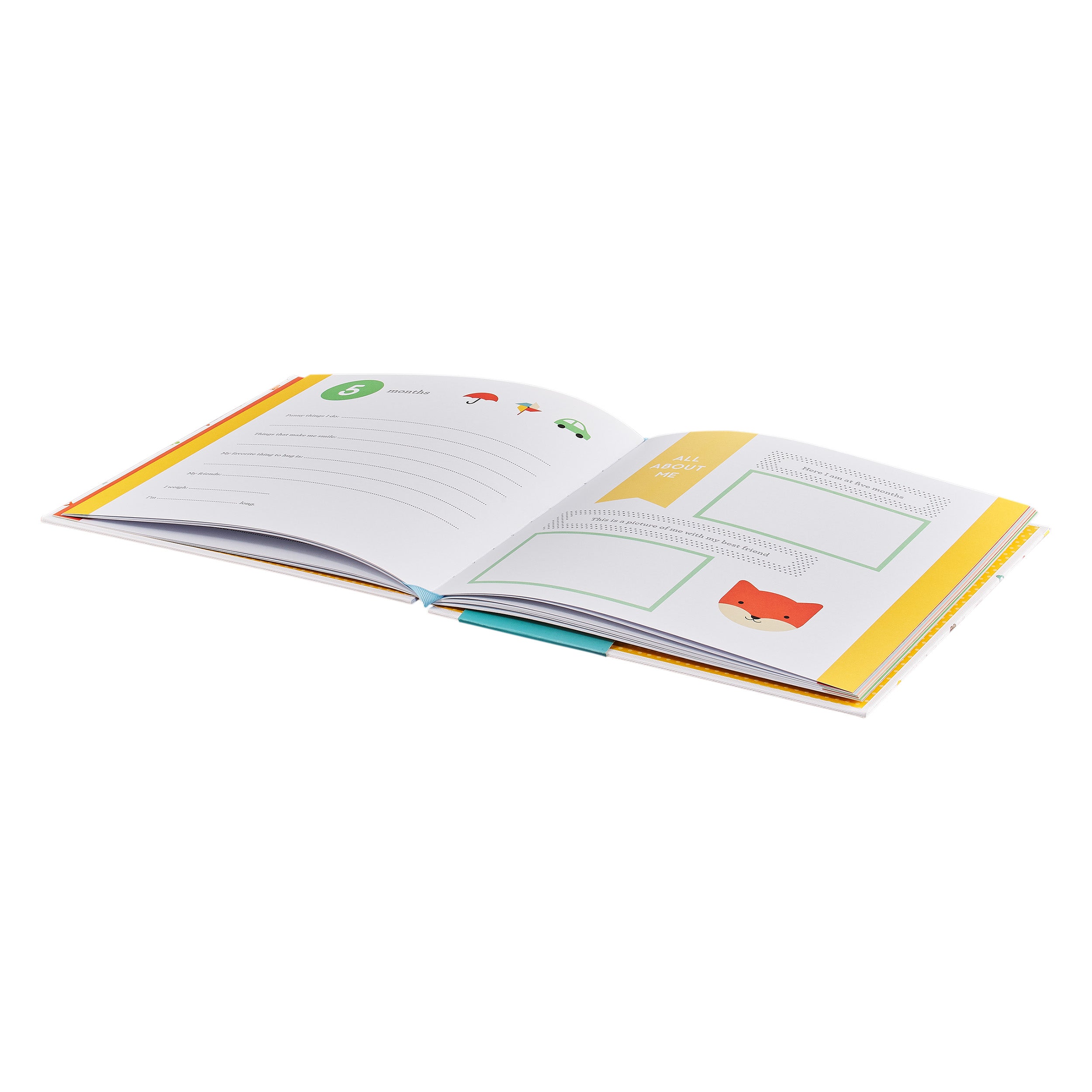 The Bunny Baby Journal by Petit Collage is an open illustrated book with colorful pages, lines for writing, blank boxes, and small drawings of mushrooms and a fox.