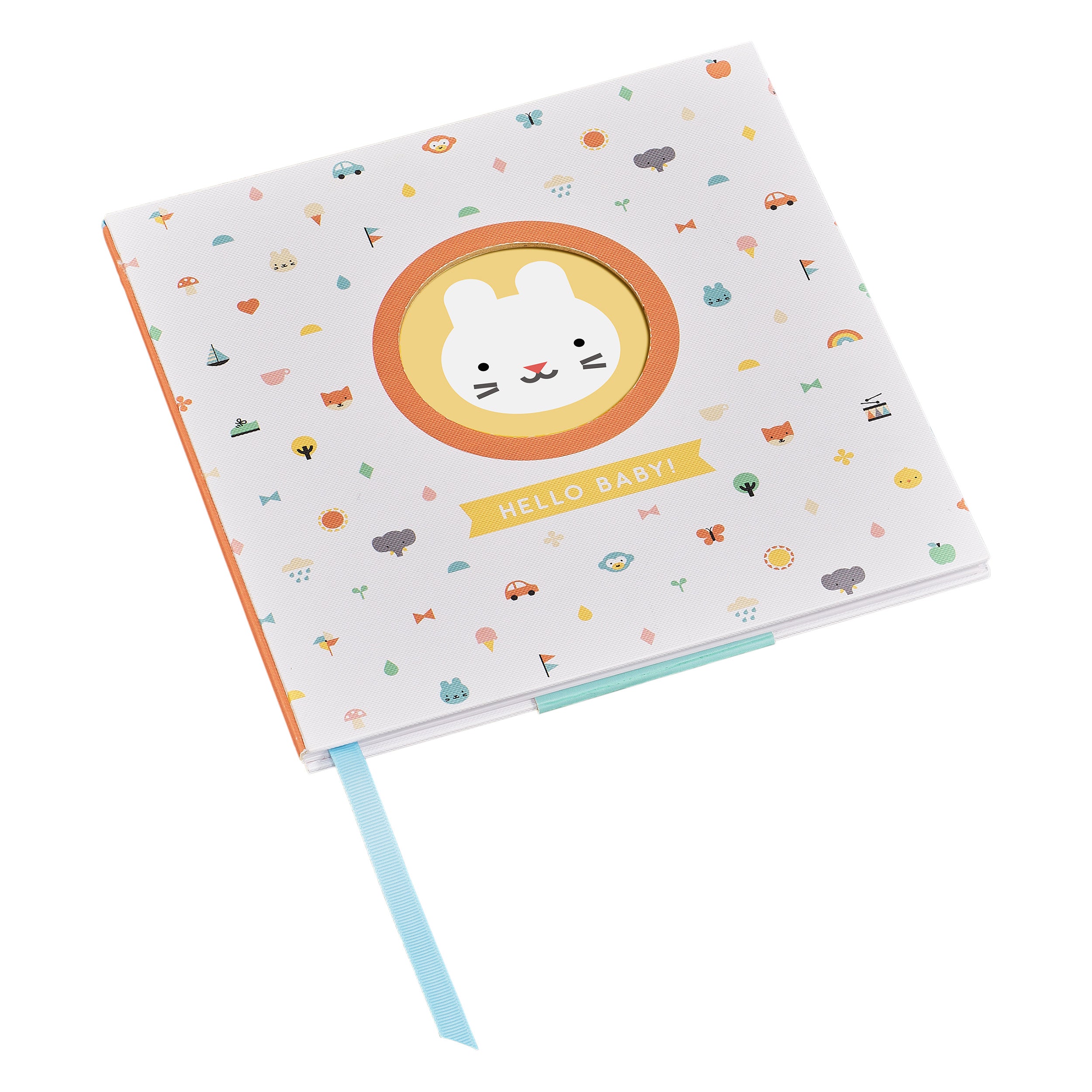 The Petit Collage Bunny Baby Journal is a square book with a white cover, featuring a cartoon bunny face, colorful icons, and HELLO BABY! in a yellow banner below the illustration.