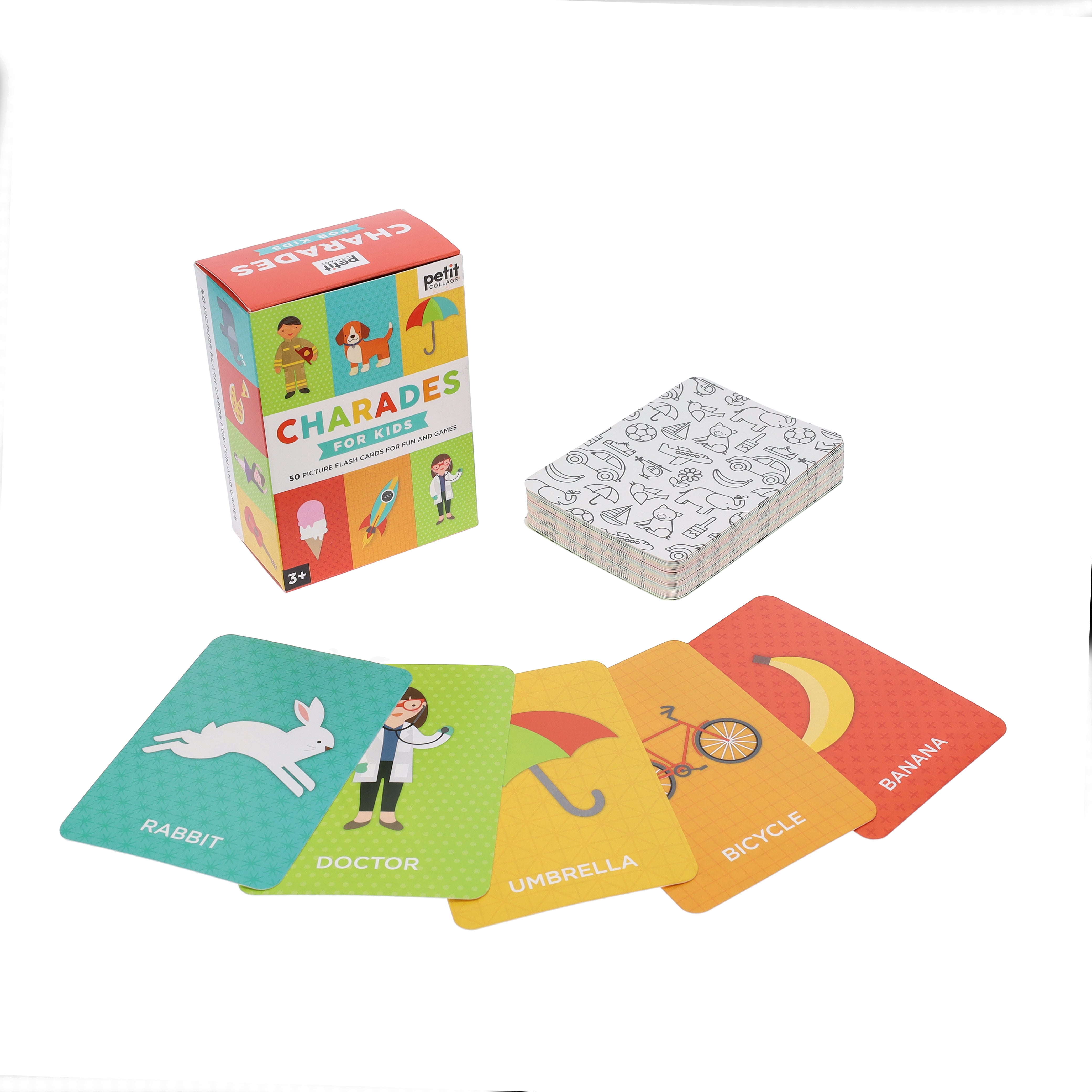 Charades for Kids by Petit Collage features a box, a deck of cards with black-and-white illustrations, and five colorful cards labeled rabbit, doctor, umbrella, bicycle, and banana.