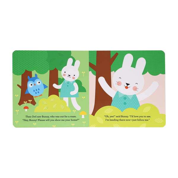 An illustration from Petit Collage’s "A Find and Feel Story: Down, Down, Under the Ground" shows an owl and a smiling, waving bunny in a forest, with their dialogue displayed at the bottom of each page.