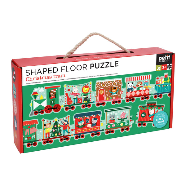 The Petit Collage Christmas Train Shaped Floor Puzzle comes in a rectangular box with a rope handle, features festive animals, measures over 6 feet long, and is suitable for ages 3+.