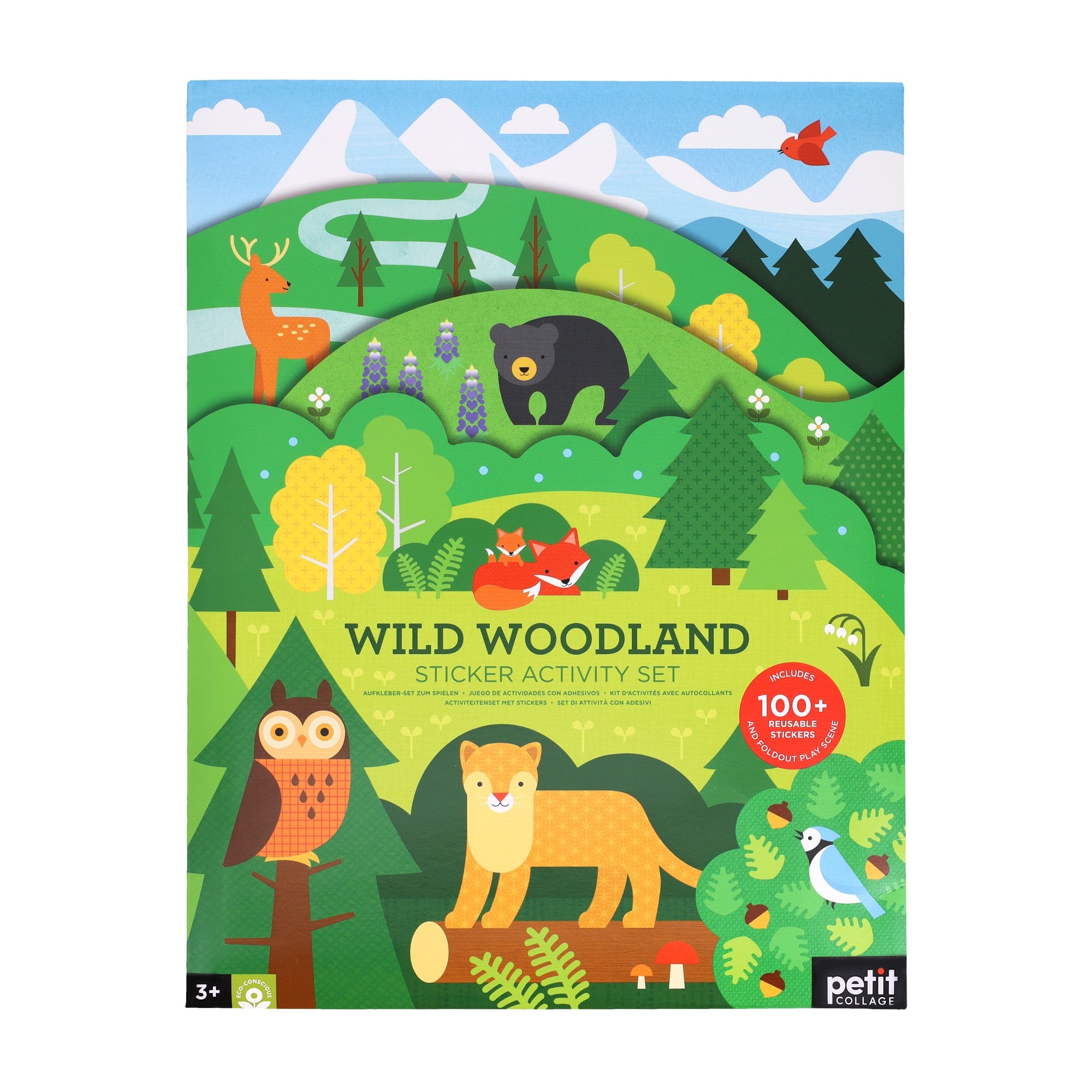 A vibrant forest scene with deer, bear, fox, owl, and lynx appears on Petit Collage’s Sticker Activity Set: Wild Woodland. Includes 100+ stickers and features trees and mountains in the background.