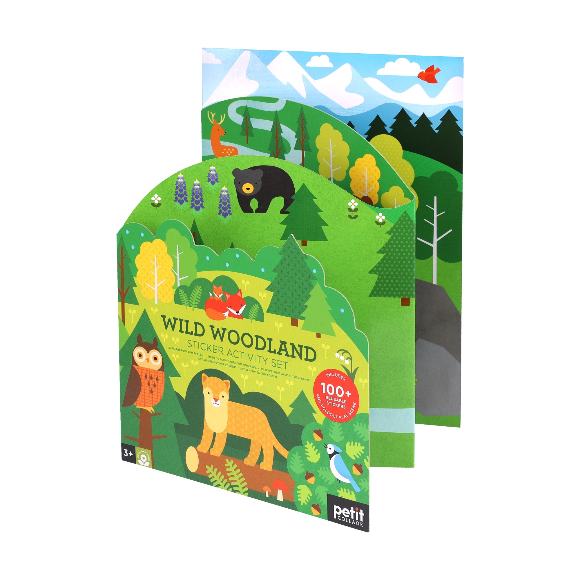 The Petit Collage Sticker Activity Set: Wild Woodland features cartoon animals such as an owl, fox, and bear among green trees, with forest and mountain sticker scenes. Suitable for ages 3+.