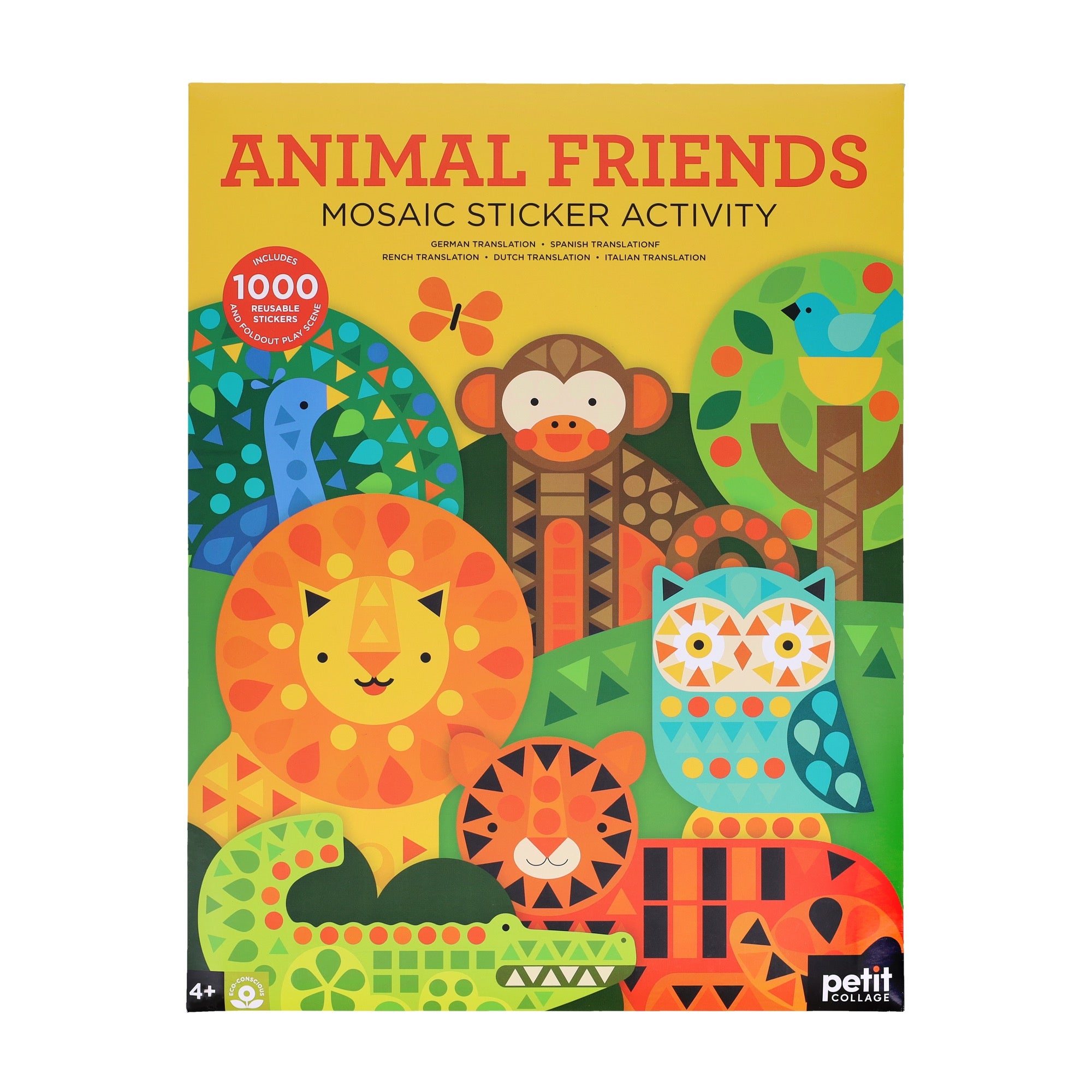 The Mosaic Sticker Activity: Animal Friends by Petit Collage features a vibrant cover with geometric illustrations of a lion, owl, monkey, alligator, and other animals. Perfect for ages 4 and up.