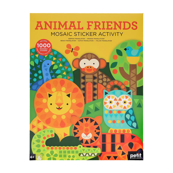 The Mosaic Sticker Activity: Animal Friends by Petit Collage features a vibrant cover with geometric illustrations of a lion, owl, monkey, alligator, and other animals. Perfect for ages 4 and up.
