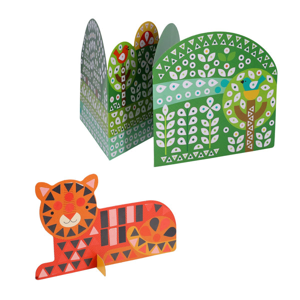 Add bold, geometric flair to play or decor with Petit Collage’s Mosaic Sticker Activity: Animal Friends—colorful cardboard cutouts featuring a tiger and a vibrant green forest scene with river and trees, perfect for creative kids.