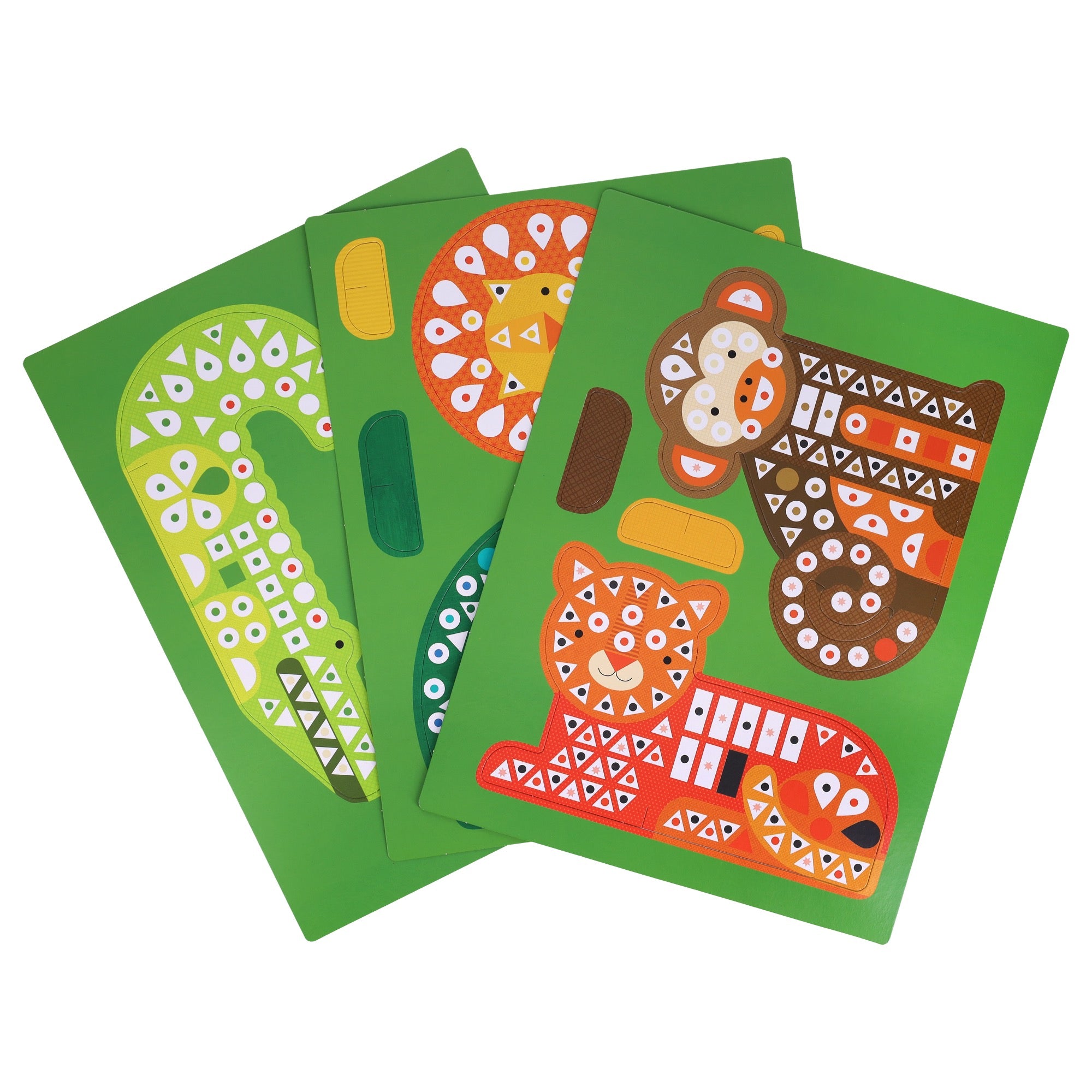 The Petit Collage Mosaic Sticker Activity: Animal Friends includes three green animal-themed boards (chameleon, lion, monkey) with colorful geometric designs using shapes like circles and triangles.