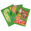 The Petit Collage Mosaic Sticker Activity: Animal Friends includes three green animal-themed boards (chameleon, lion, monkey) with colorful geometric designs using shapes like circles and triangles.