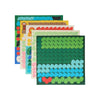 Four vibrant boards from Petit Collage’s Mosaic Sticker Activity: Animal Friends feature playful, simple oval grids in green, blue, red, and brown patterns on a white background for creative sticker fun.