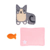 The Petit Collage Mini Craft Kit: Pocket Pet Kitten includes felt cutouts of a gray cat, orange fish, and pink mat with a white star, all arranged on a white background.
