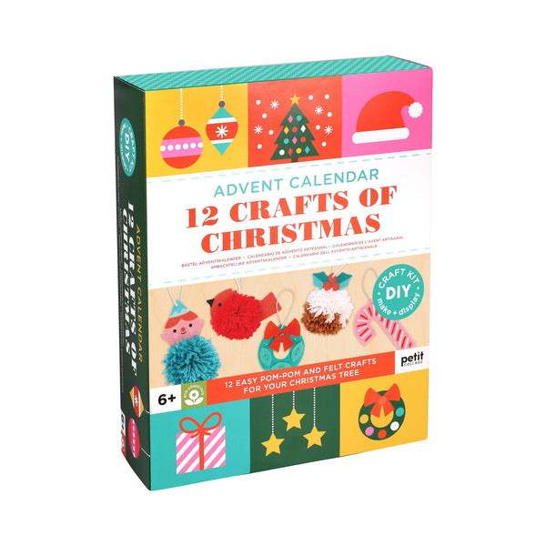 The 12 Crafts of Christmas Advent Calendar by Petit Collage is a colorful boxed kit for ages 6+, featuring festive illustrations and photos of pom-pom and felt crafts.