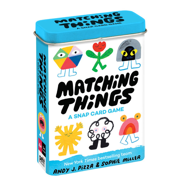 A blue tin labeled Matching Things: A Snap Game by Petit Collage, featuring colorful cartoon creatures, playful text, and creators Andy J. Pizza & Sophie Miller listed at the bottom.