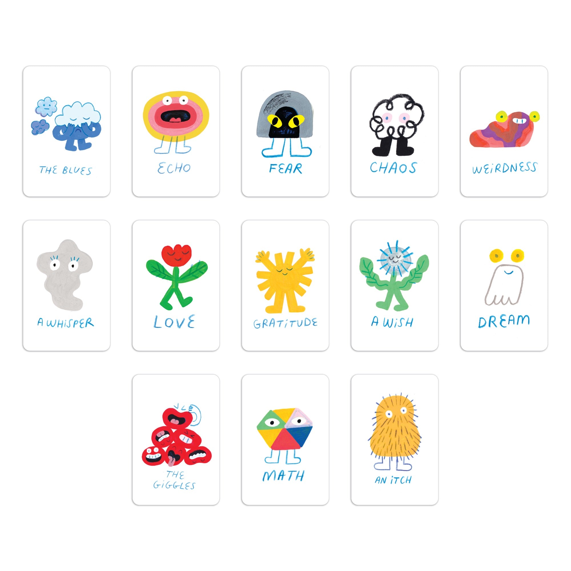 Matching Things: A Snap Game by Petit Collage includes 13 illustrated cards, each with a unique, colorful cartoon creature representing emotions or concepts like The Blues, Chaos, Love, Math, and more.