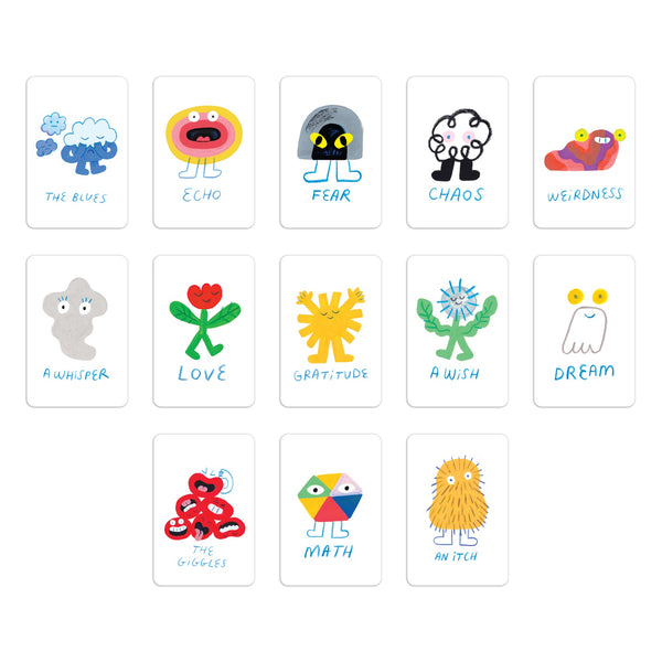 Matching Things: A Snap Game by Petit Collage includes 13 illustrated cards, each with a unique, colorful cartoon creature representing emotions or concepts like The Blues, Chaos, Love, Math, and more.